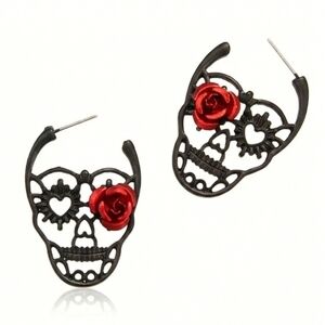 🆕️ Black Skull Earrings with Red Rose NWOT